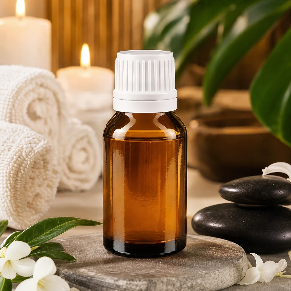 Frasco de vidro castanho de 30 ml com tampa de rosca branca, pousado sobre uma pedra natural, entre pedras de massagem e velas