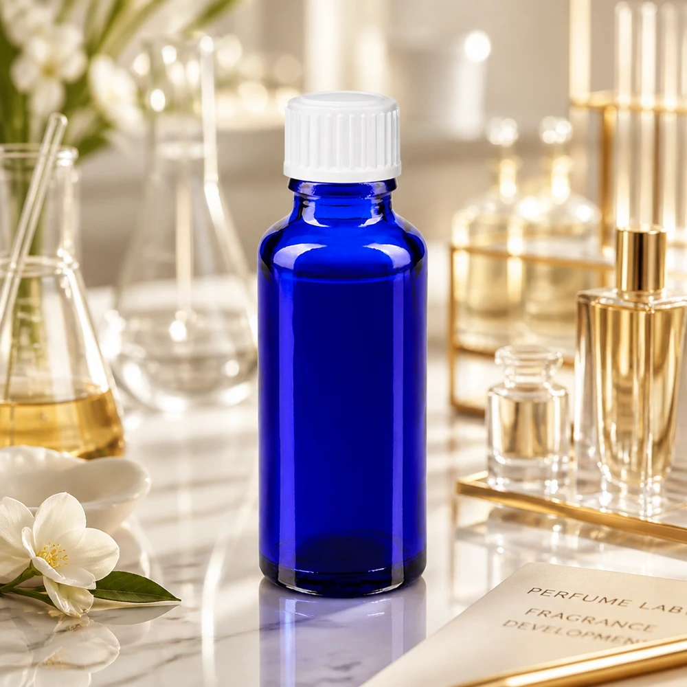 Frasco de farmácia de 30 ml, azul cobalto, com tampa padrão branca, no laboratório de perfumes