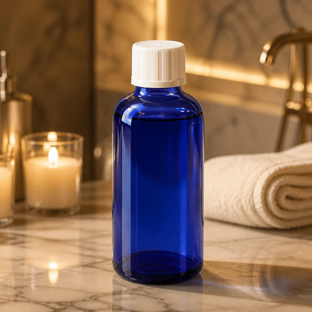 Garrafa de vidro azul de 50 ml com tampa de rosca branca sobre mármore, num ambiente elegante de casa de banho