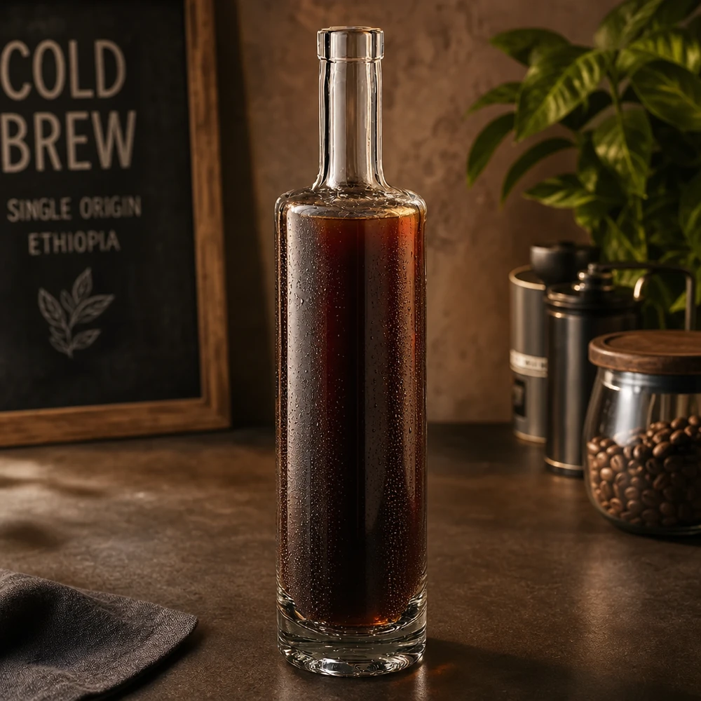 Garrafa de vidro de 500 ml de Lina cheia de café frio numa atmosfera elegante de cafetaria com grãos de café e desodorizante vintage.
