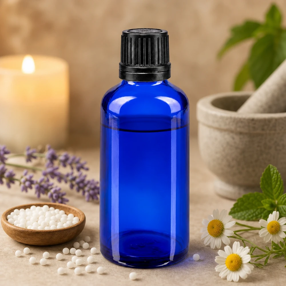 Frasco conta-gotas azul de 50 ml com bico conta-gotas de precisão de 1 mm, ao lado de flores de camomila e de um almofariz