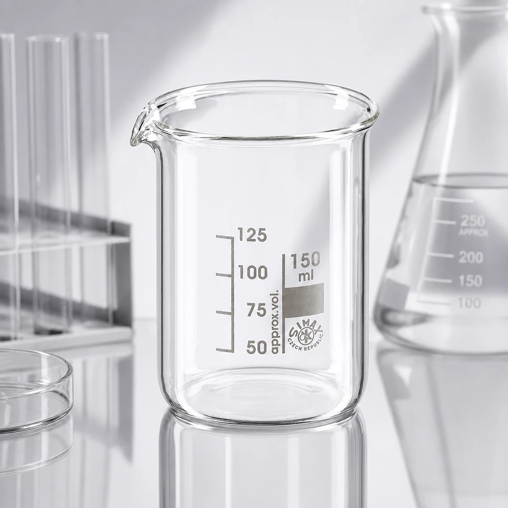 Copo de vidro borossilicato transparente de 150 ml com bico prático para decantação fácil