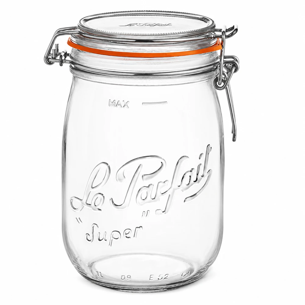 Le Parfait Super frasco de armazenamento de 1000 ml com tampa basculante e anel de vedação cor de laranja em vidro transparente