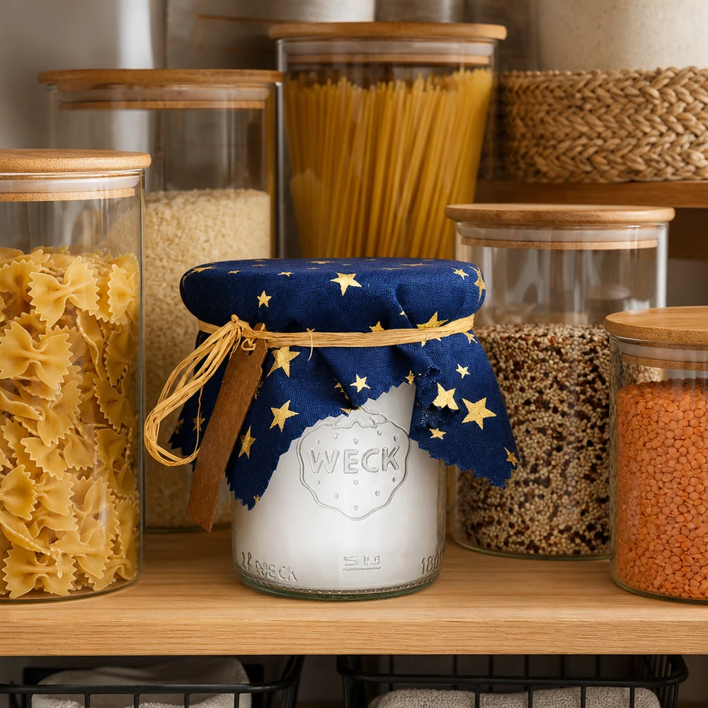 Guardanapo de tecido com padrão de estrela azul num frasco de conserva entre frascos de arrumação numa cozinha organizada 15 cm quadrados