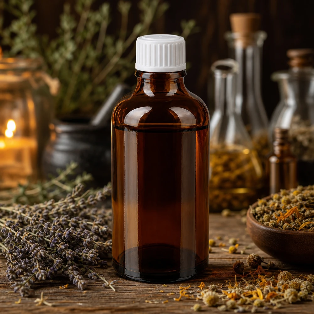 Pequeno frasco de vidro castanho de 50 ml com tampa branca, rodeado por ervas secas e flores de camomila