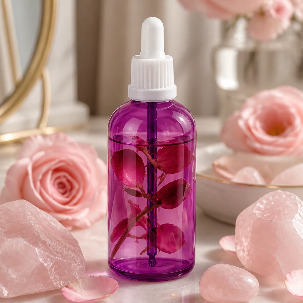 Frasco de 100 ml para pipetas com tampa de rosca branca Originality PurpleLine UT18/100 Frasco de cosméticos de 100 ml com pipeta em violeta para séruns faciais e óleos de cuidado da pele