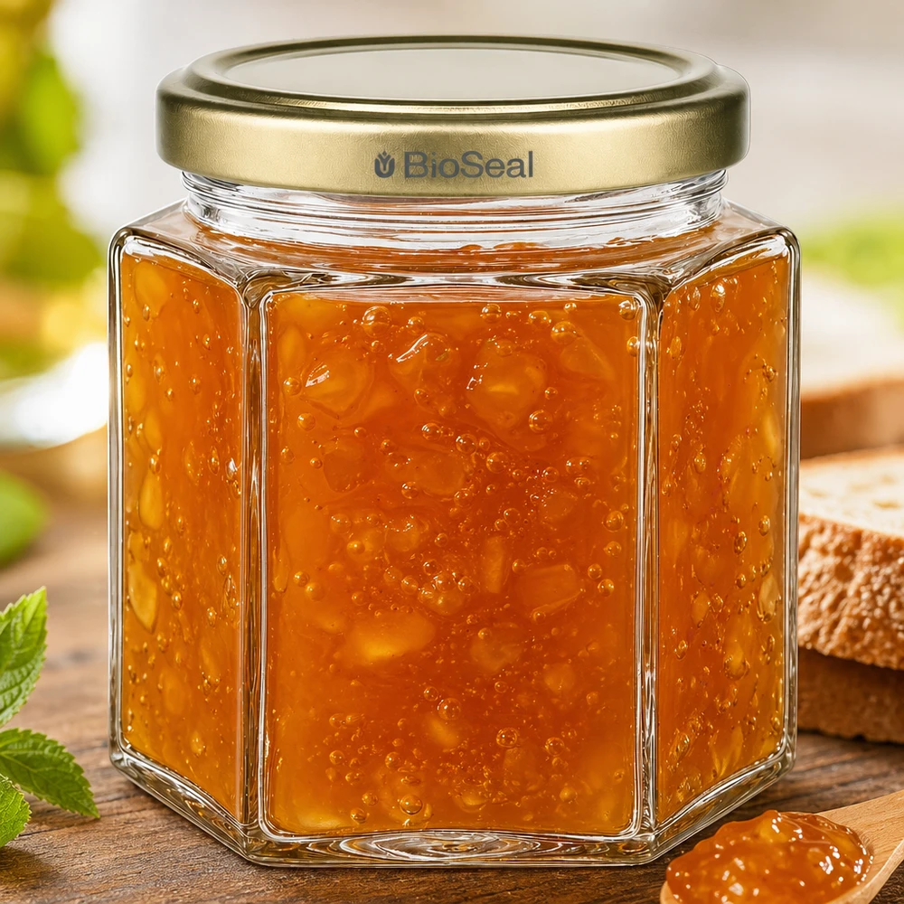 Frasco de mel hexagonal de 520 g BioSeal cheio de marmelada de laranja numa tábua de madeira ao lado de pão e hortelã