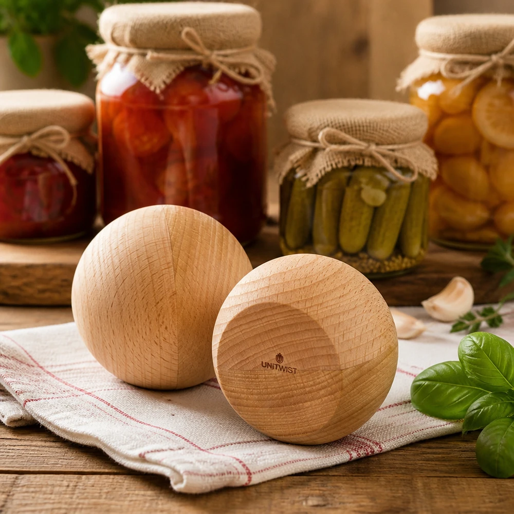 Bola de madeira UNiTWIST (faia) para WECK RR80 UNiTWIST Holzkugeln aus Buche im Küchenambiente - stilvolle Alternative zu Deckeln für WECK RR80 Einmachgläser