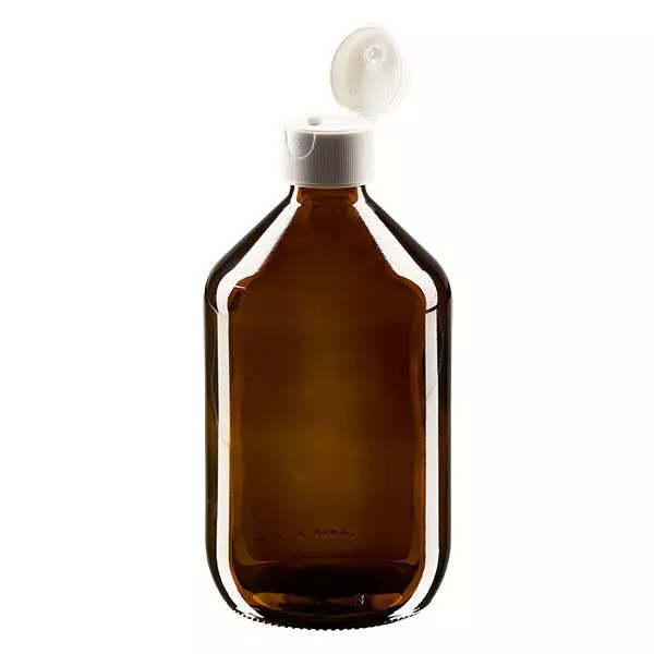 Frasco de medicamento de 500ml castanho, com tampa flip-top ApoGlas Frasco de medicamento de 500ml castanho, com tampa flip-top ApoGlas