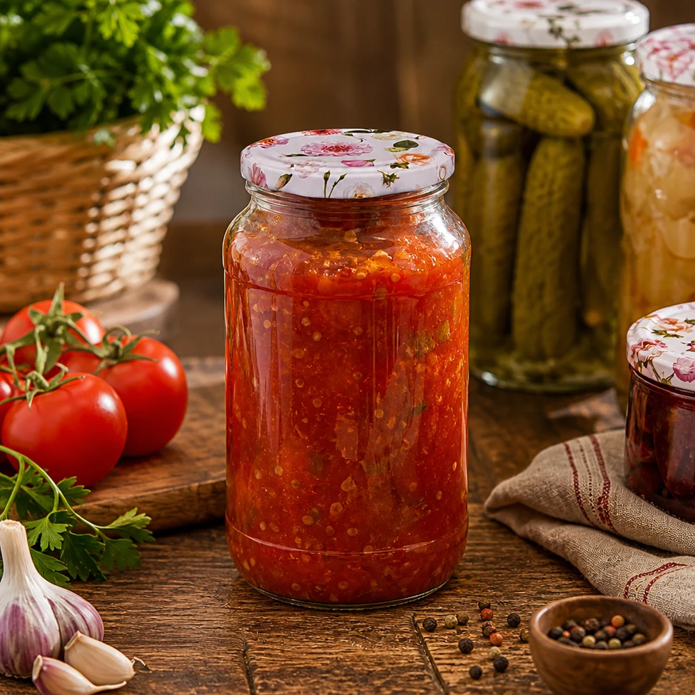 O frasco de conserva de 1062 ml cheio de molho de tomate mostra a utilização prática da tampa de flor cor-de-rosa na cozinha