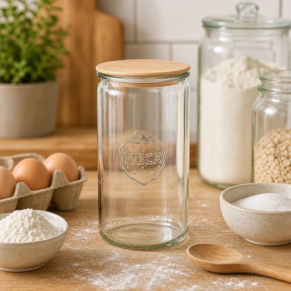 Frasco WECK 1590ml RR100 vazio na cozinha de pastelaria com farinha, ovos e ingredientes de pastelaria para cozer pão e preparar massa
