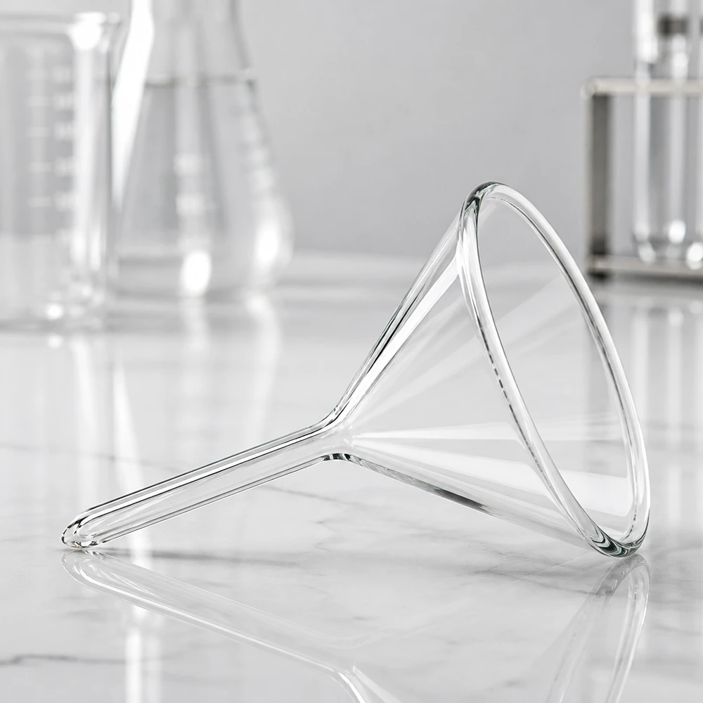 Funil ø40mm cal sodada, ângulo 60°, estilo curto Funil de laboratório preciso de 40 mm feito de vidro de cal sodada de alta qualidade com forma de funil optimizada de 60 graus