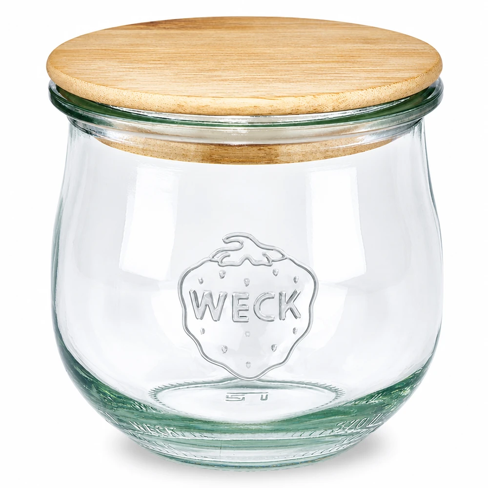 370ml Tulpenglas WECK RR80 mit Holzdeckel Frasco de tulipas WECK 370ml RR80 com tampa de madeira Frasco de conserva com tampa de vidro em madeira natural