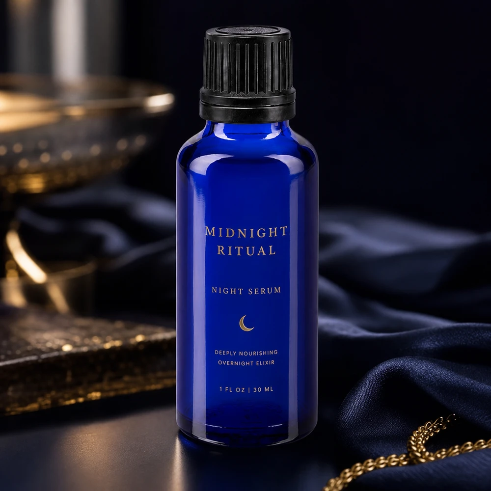 Sérum noturno Midnight Ritual num frasco de farmácia azul cobalto de 30 ml com tampa preta estriada