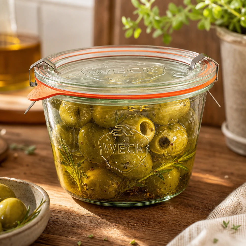 370ml Sturzglas komplett WECK RR100 O frasco WECK RR100 de 370 ml cheio de azeitonas em conserva em óleo mostra a conservação perfeita dos antepastos