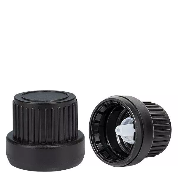 Tampa de conta-gotas 2mm top preto 18mm com fecho inviolável Tampa de conta-gotas 2mm top preto 18mm com fecho inviolável