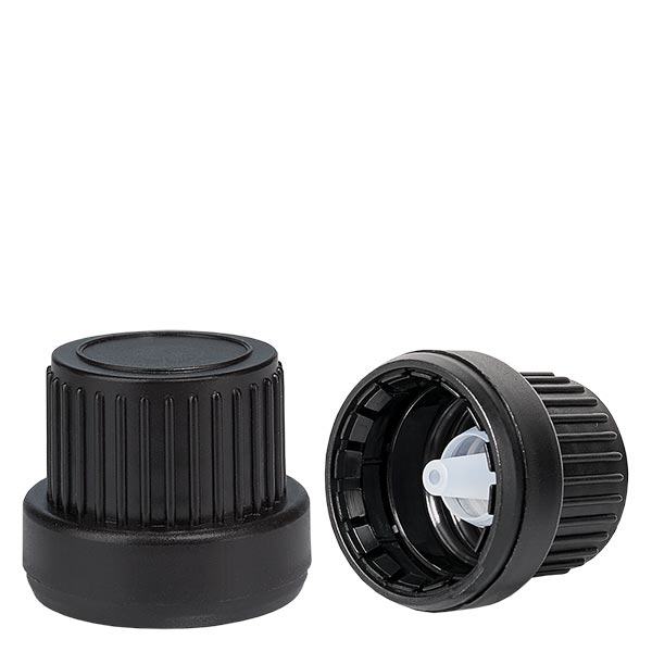 Tampa de conta-gotas 2mm top preto 18mm com fecho inviolável Tampa de conta-gotas 2mm top preto 18mm com fecho inviolável