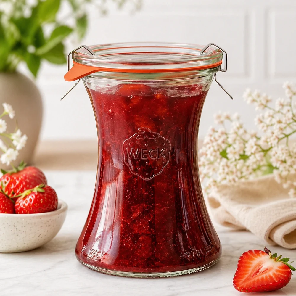 Frasco de charcutaria WECK 370ml RR80 cheio de compota de morango caseira Frasco de vidro com tampa basculante Lifestyle