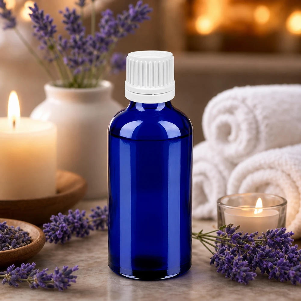 Frasco conta-gotas de 50ml 0.7mm branco tampa inviolável BlueLine UT18/50 Frasco de vidro azul de 50 ml com tampa de rosca branca para óleos essenciais e aromaterapia BlueLine UT18/50