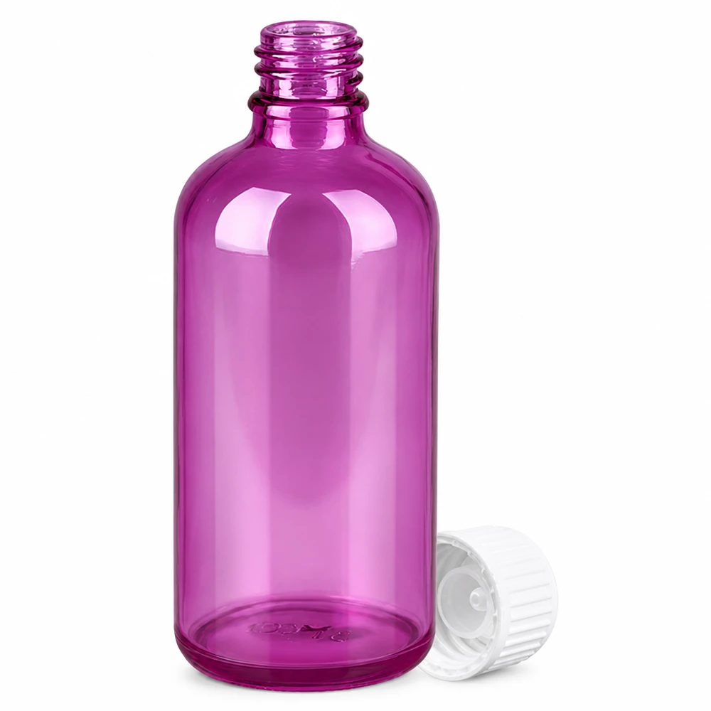 Frasco de 100 ml (glóbulo) com anel de vazamento de 3 mm branco PurpleLine padrão. UT18/100 Frasco de vidro violeta de 100 ml com rosca UT18 e tampa transparente para óleos essenciais