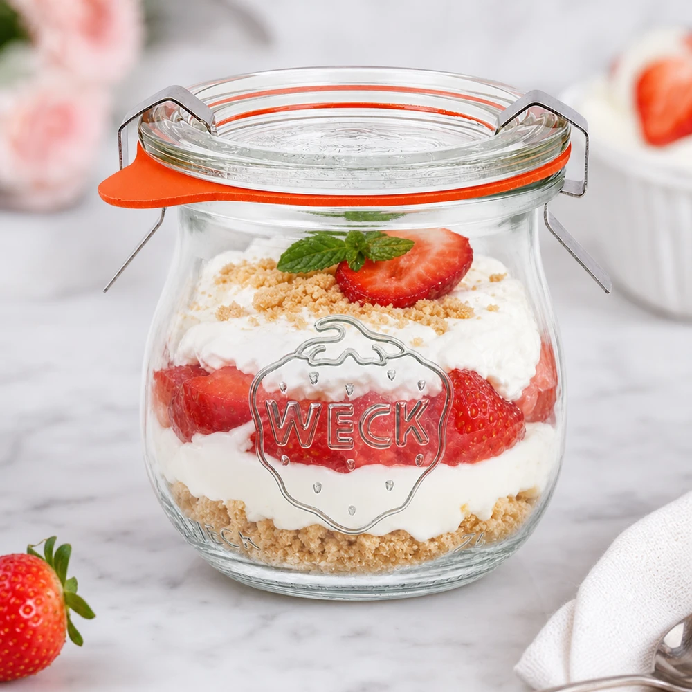 Frasco tulipa WECK 75ml como frasco de sobremesa com sobremesa em camadas de morango e creme e migalhas de biscoito elegantemente apresentadas