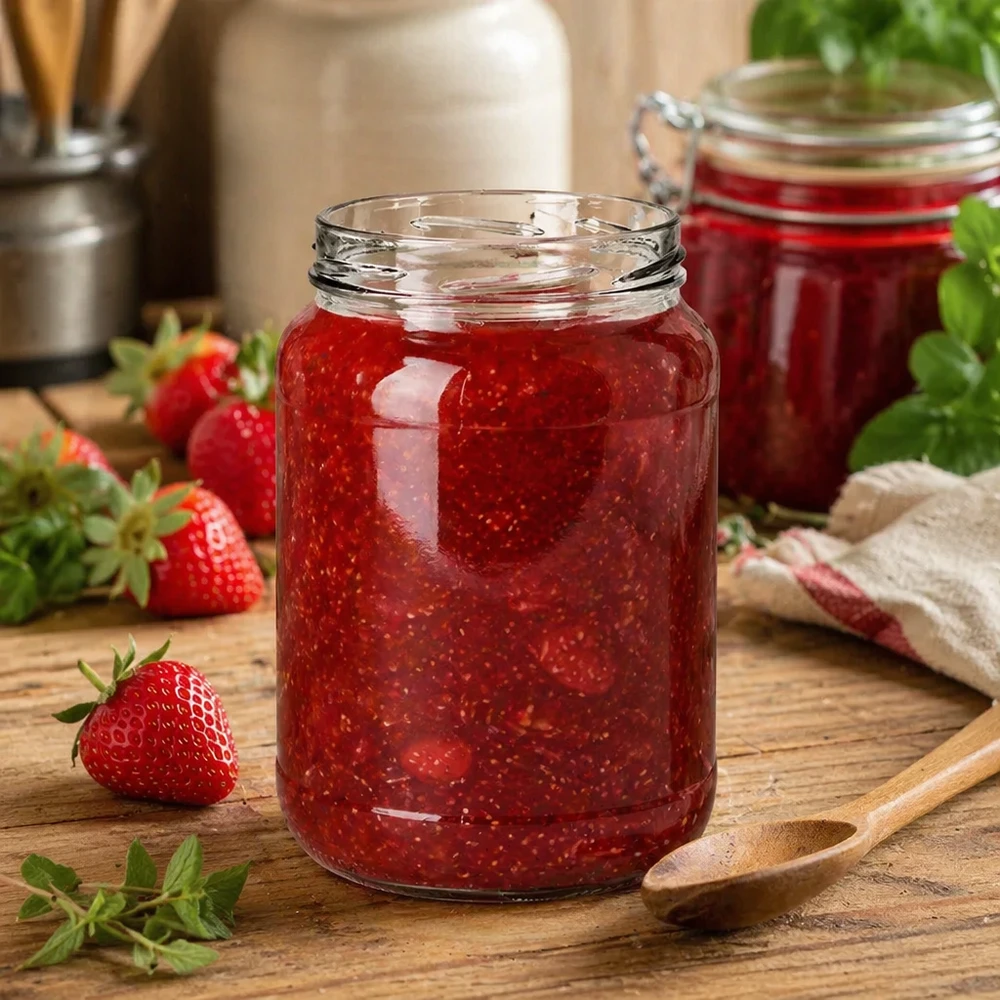 UNiTWIST Runda1700 frasco cheio de compota de morango 1700ml TO100 frasco de conservação mesa de madeira para cozinha