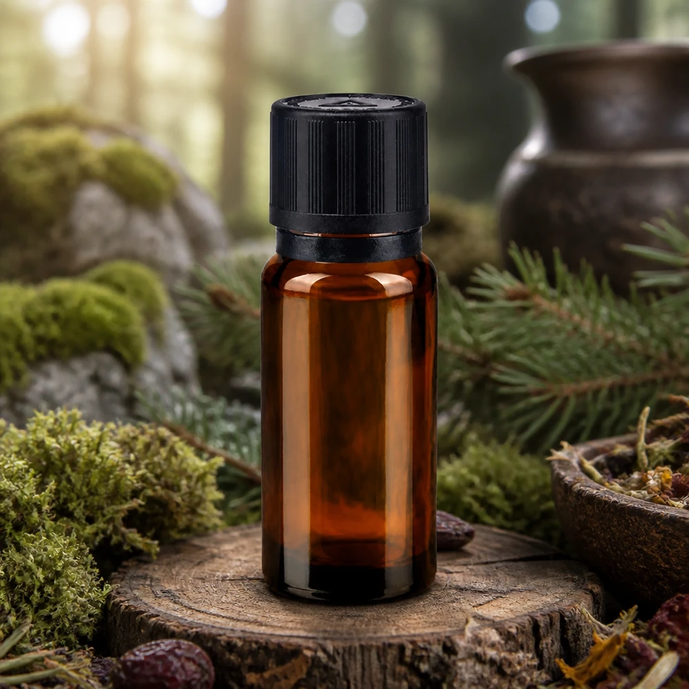 Frasco conta-gotas de 10 ml em vidro de farmácia com abertura de 1 mm, assente num disco de madeira num ambiente florestal natural