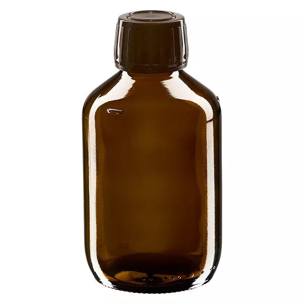 Frasco de medicamento de 200ml castanho, tampa castanha com anel inviolável ApoGlas Frasco de medicamento de 200ml castanho, tampa castanha com anel inviolável ApoGlas