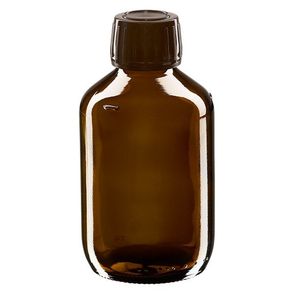 Frasco de medicamento de 200ml castanho, tampa castanha com anel inviolável ApoGlas