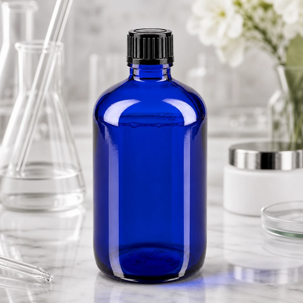 Frasco de vidro azul cobalto de 100 ml com tampa de rosca preta num ambiente de laboratório