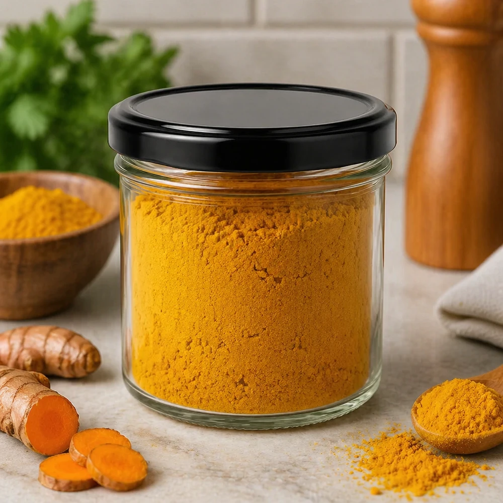 Frasco de vidro de 125 ml com tampa BasicSeal preta cheio de açafrão-da-terra em pó frasco de especiarias de raiz de açafrão-da-terra fresco