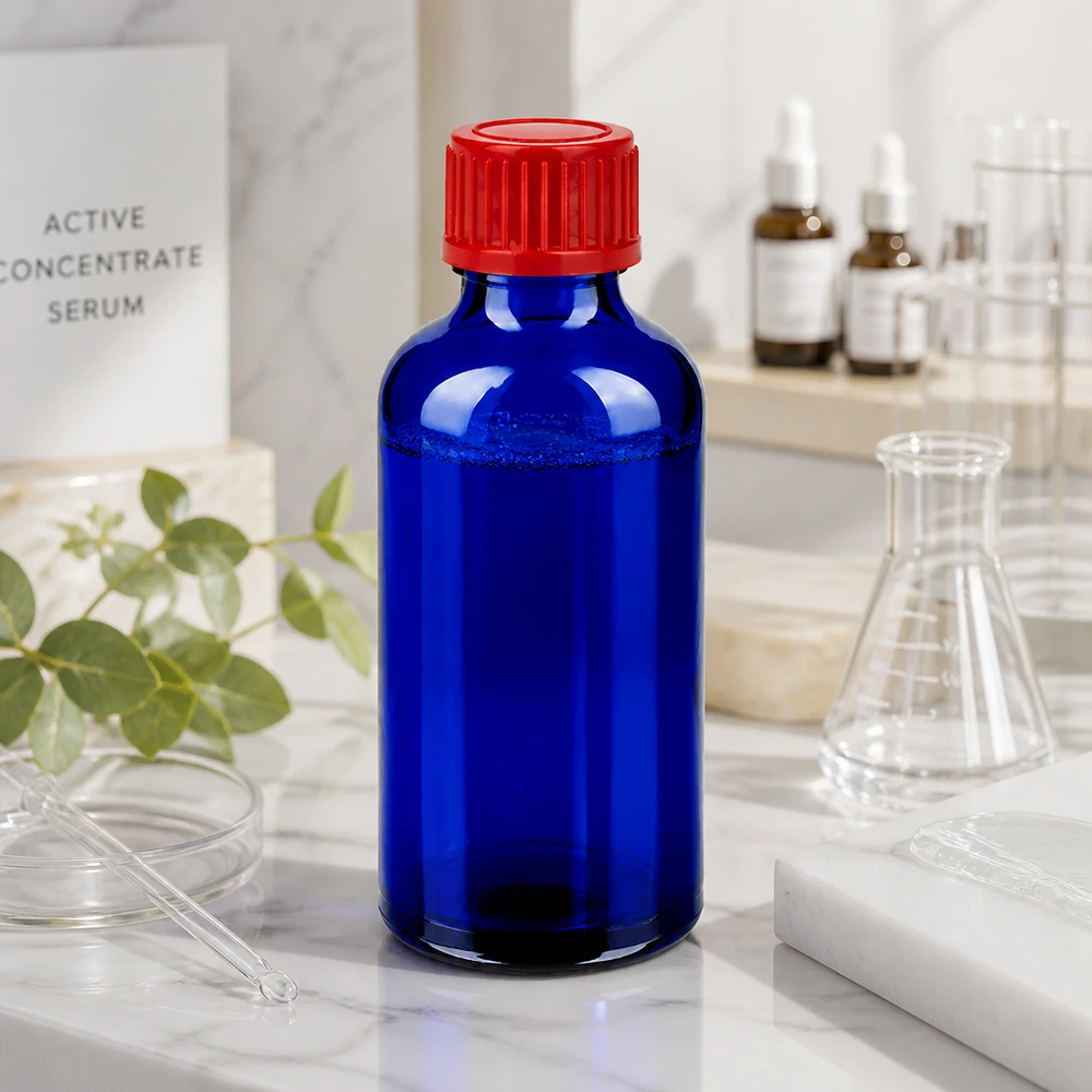 Frasco de boticário compacto de 50 ml em vidro azul-cobalto com tampa de rosca normalizada de 11 mm