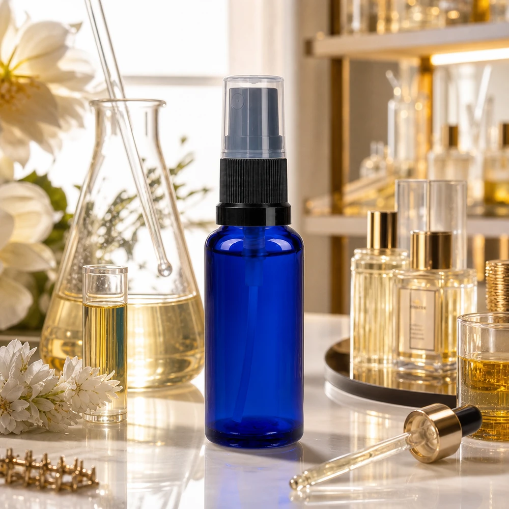 Frasco de vidro azul de 30 ml para farmácia, com pulverizador preto, num ambiente laboratorial profissional