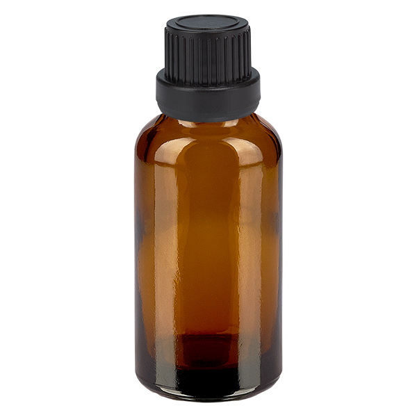 Frasco de 30ml com tampa de rosca de 11mm preta com fecho inviolável BrownLine UT18/30