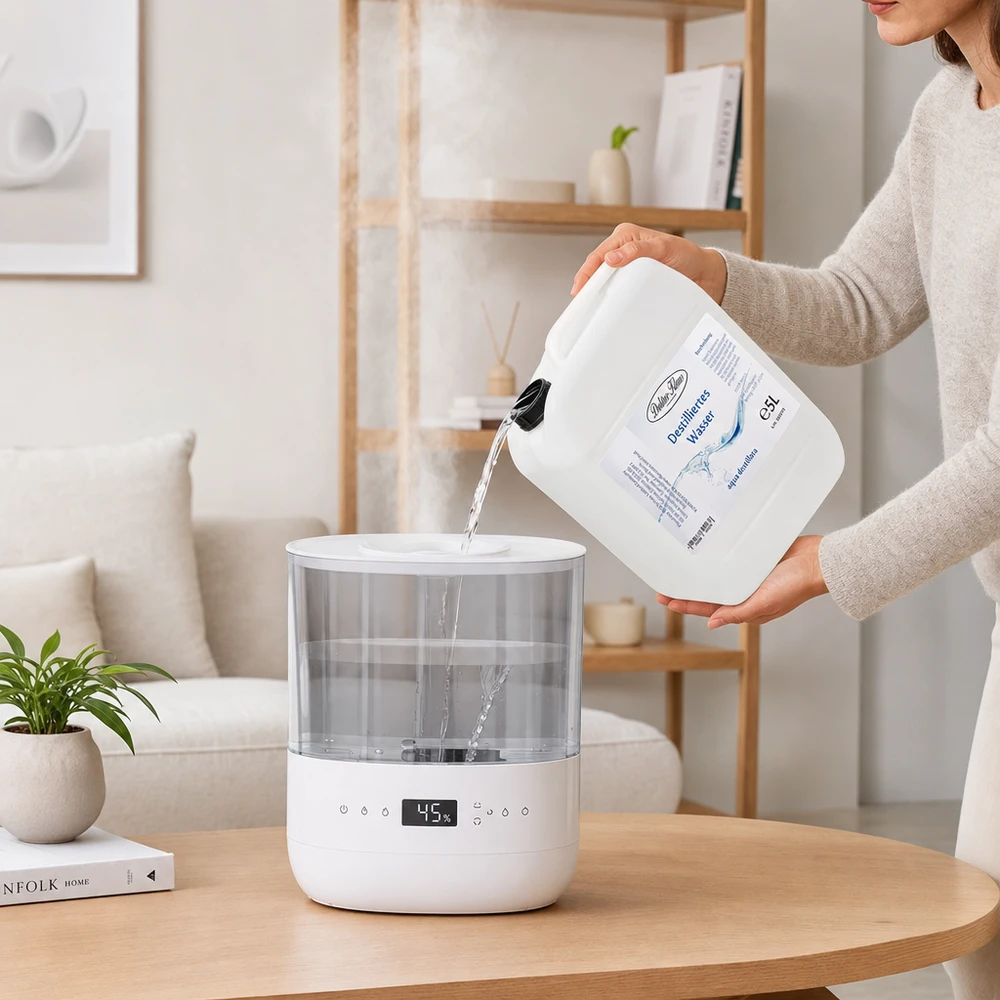 Mulher enche um humidificador moderno com 5 litros de água destilada Doktor-Klaus para uma óptima qualidade do ar interior