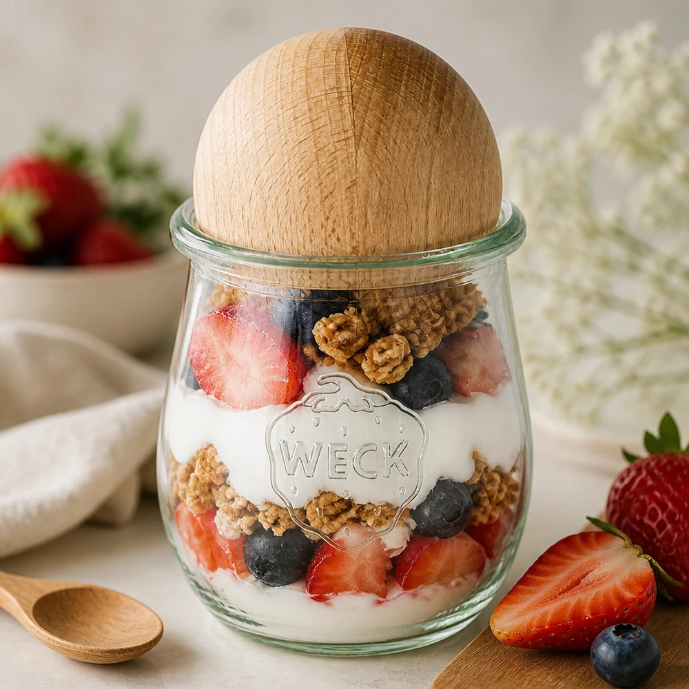 Frasco de tulipas de 220ml WECK RR60 com bola de madeira de faia Frasco tulipa WECK RR60 220ml como parfait de iogurte com frutos silvestres e nozes, rolha esférica em madeira de faia para sobremesas