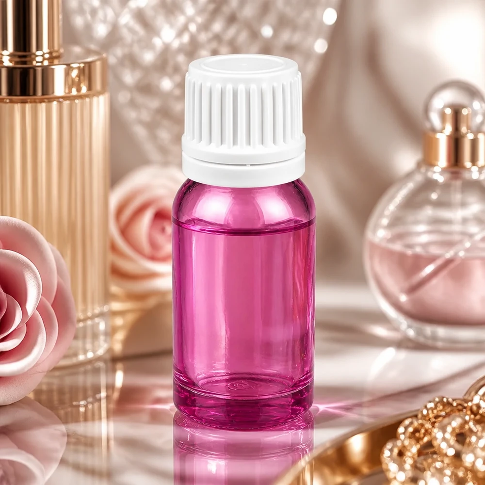Frasco de vidro violeta de 10 ml com tampa branca antiderrapante para guardar as essências em segurança
