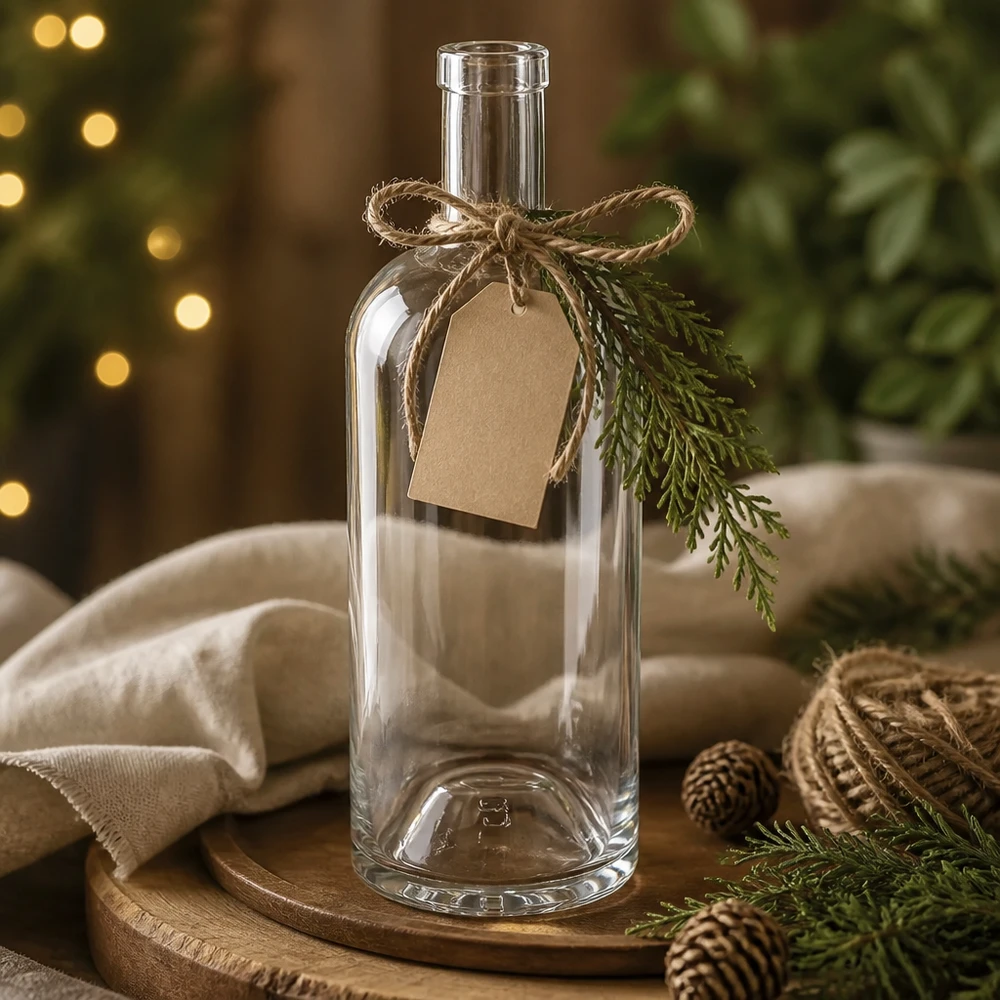 Garrafa de vidro Emma de 750 ml decorada para o Natal com etiqueta de papel kraft, laço de juta e ramo de abeto em tábua de madeira
