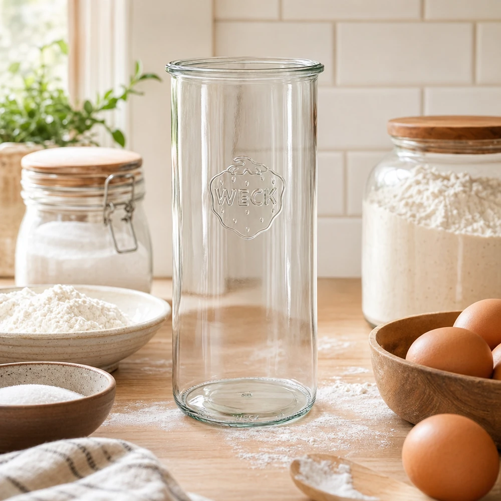 Frasco de vidro de 1500 ml WECK RR100 Frasco de vidro WECK RR100 de 1500 ml numa cozinha rústica com ovos e farinha sobre uma bancada de madeira