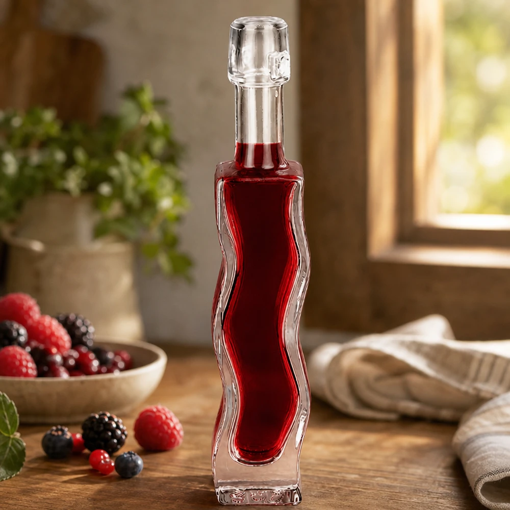 Garrafa de vidro de 40 ml Anna cheia de sumo de bagas vermelhas Decoração de frutos silvestres Cenário de cozinha Exemplo de utilização Licor