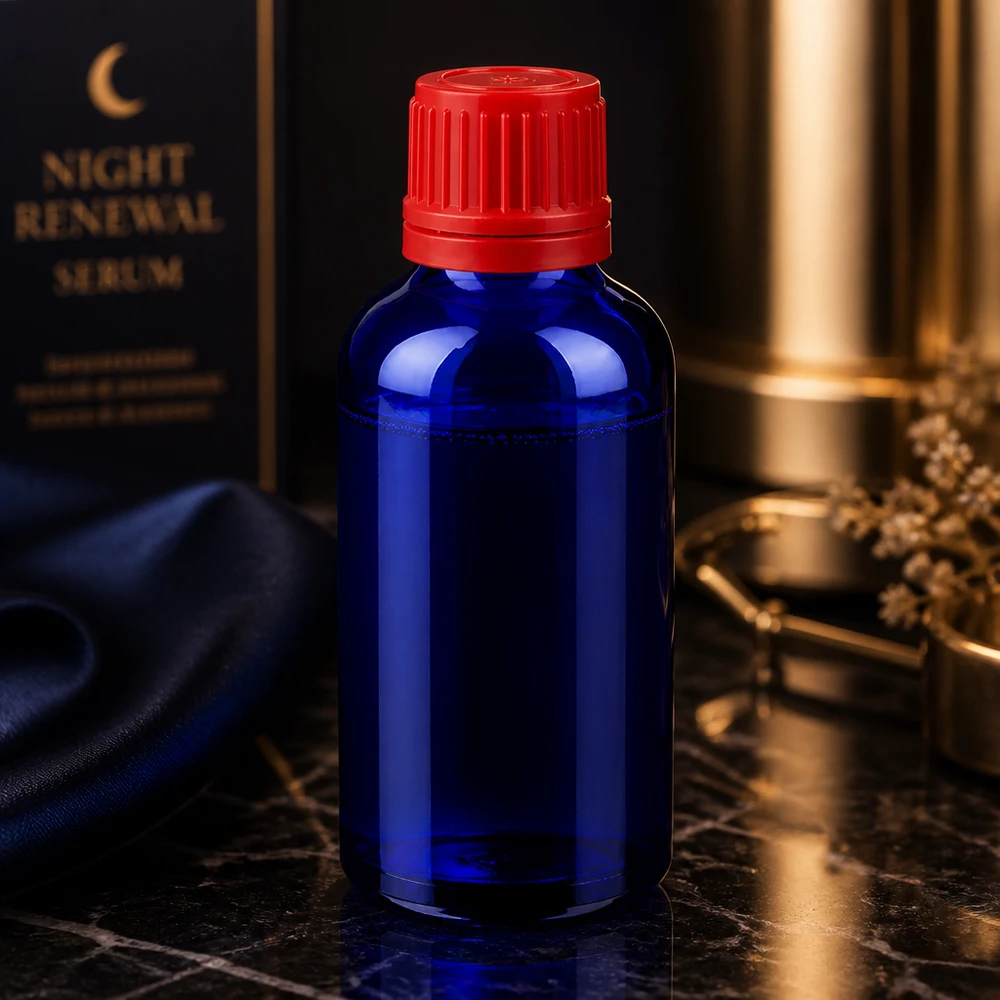 Frasco de vidro pequeno de 50 ml em azul com tampa vermelha SV 11mm OV BlueLine UT18/50