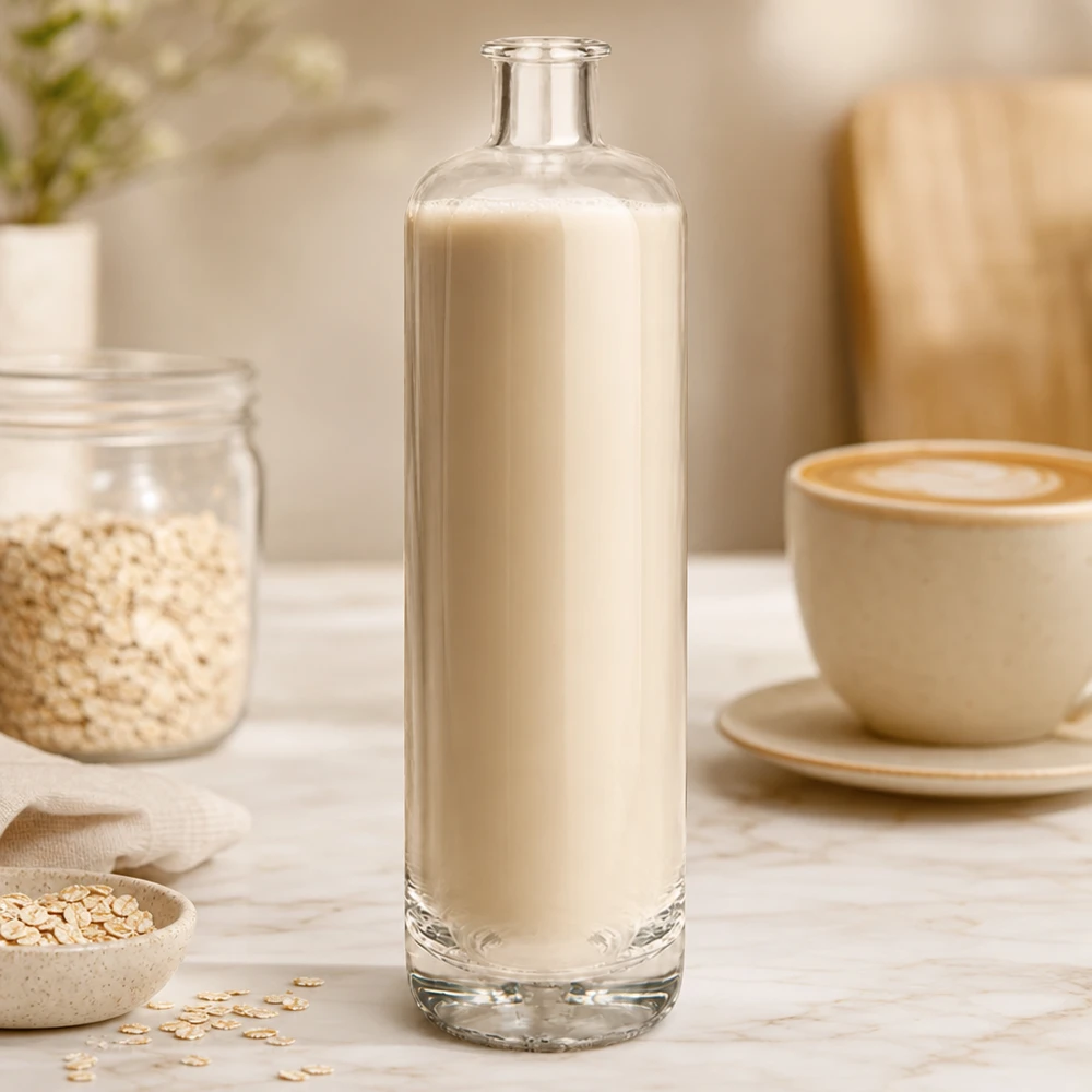 Garrafa de vidro de 700 ml de Ella cheia de leite de aveia cremoso ao lado de flocos de aveia e chávena de café num cenário de cozinha natural