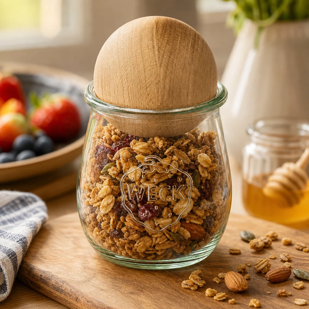 Frasco tulipa WECK 220ml com bola de faia, cheio de frutos secos, frasco de arrumação, cenário de cozinha
