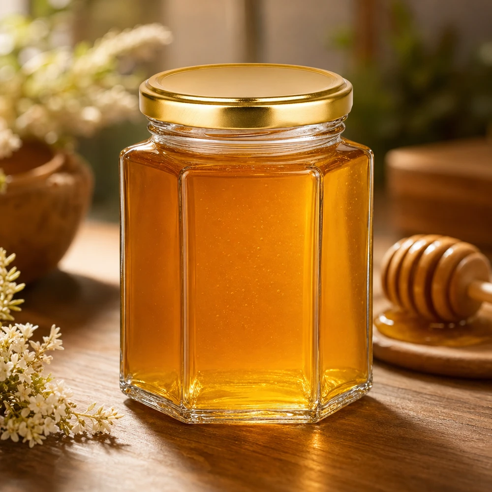 250g Honigglas mit goldenem Deckel BasicSeal UNiTWIST Frasco de mel de 250 g com tampa dourada BasicSeal hexagonal cheio de mel ao lado de uma colher de mel em cima de uma mesa de madeira produto natural