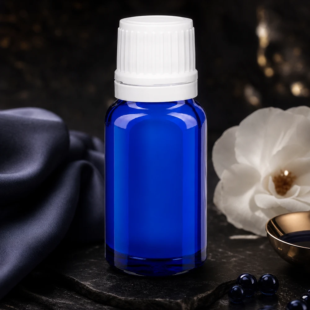 Frasco com proteção contra a luz de 10 ml, azul com tampa branca, para óleos essenciais sensíveis