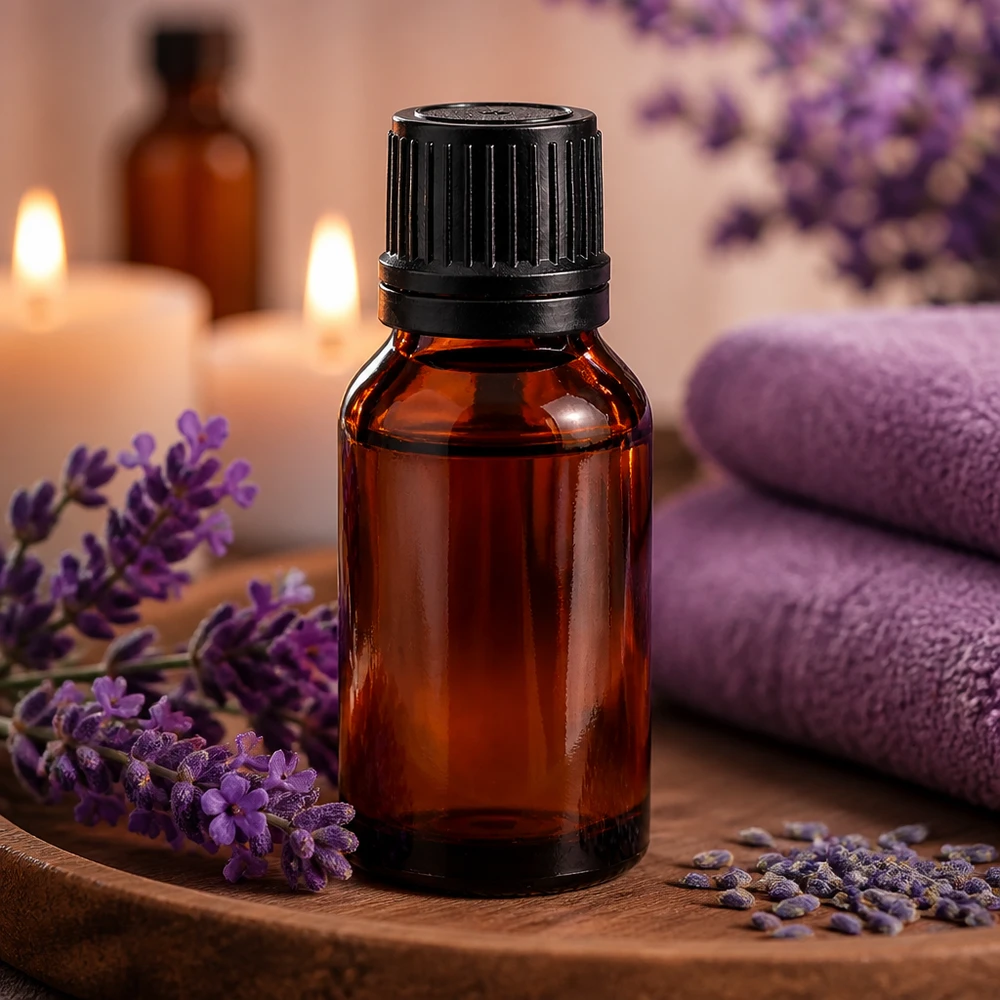 Frasco de farmácia castanho 15ml com tampa de conta-gotas, anel de enchimento, tampa preta inviolável de 1mm Frasco de vidro castanho de 15 ml com tampa conta-gotas preta, rodeado por flores de lavanda numa bandeja de madeira