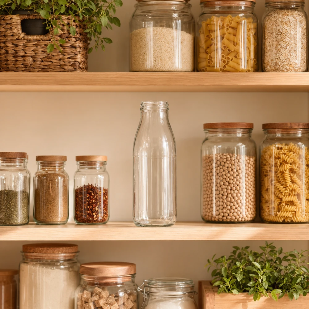 Frasco de vidro de 500 ml sem tampa (TO48) UNiTWIST 500ml Glasflasche TO48 UNiTWIST in moderner Vorratsküche zwischen Gewürzgläsern und Pasta-Behältern auf Holzregalen