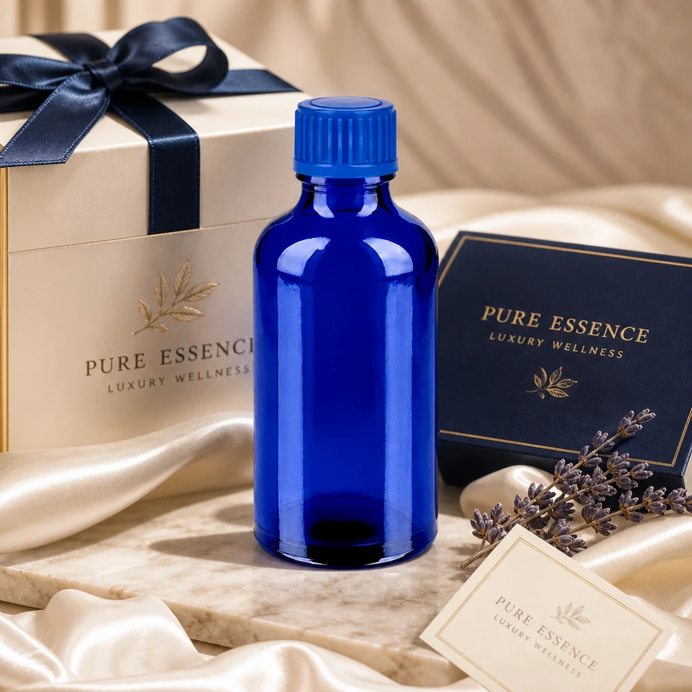 Frasco de vidro de 50 ml de qualidade superior em azul-cobalto com rosca UT18/50 para aplicações profissionais