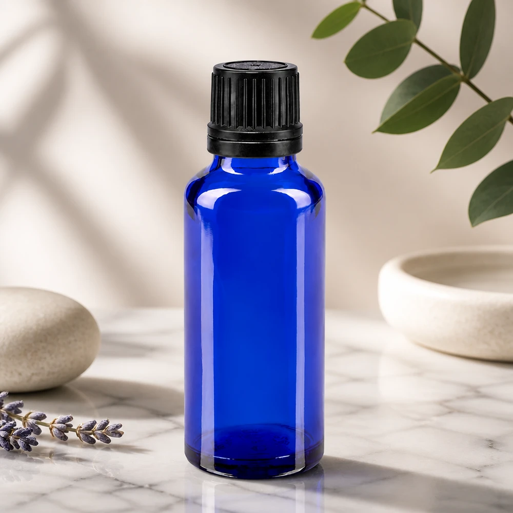 Frasco de farmácia azul 30ml tampa de rosca preta anel de vazamento fecho inviolável Frasco de vidro de farmácia azul cobalto de 30 ml com tampa de segurança preta estriada sobre fundo de mármore