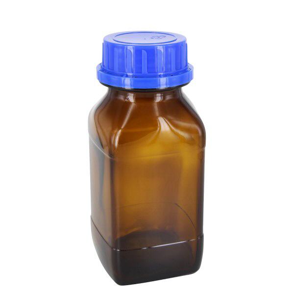 Frasco para produtos químicos de 500 ml - inserção EPE Frasco para produtos químicos castanho de 500 ml com tampa de rosca azul e inserção EPE para produtos químicos de laboratório